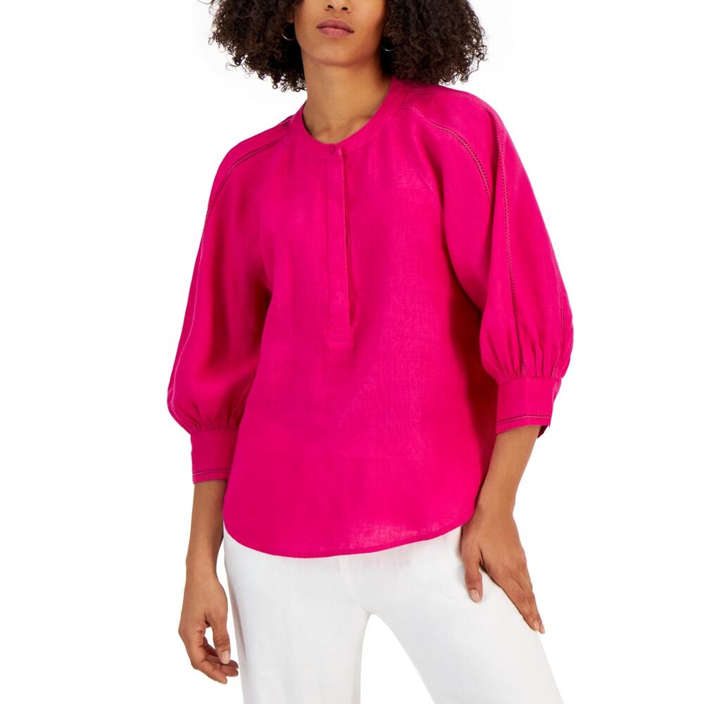 Charter Club 100% Linen Top 3/4 Puff Sleeve Sz S Pink Lightweight‎ Breathable